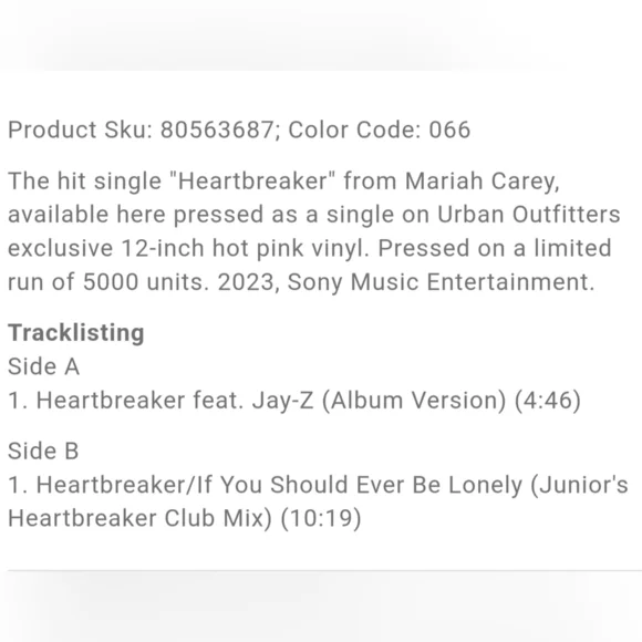 Mariah Carey Heartbreaker Single LP on Hot Pink Vinyl Limited Edition NWT - Picture 2 of 2